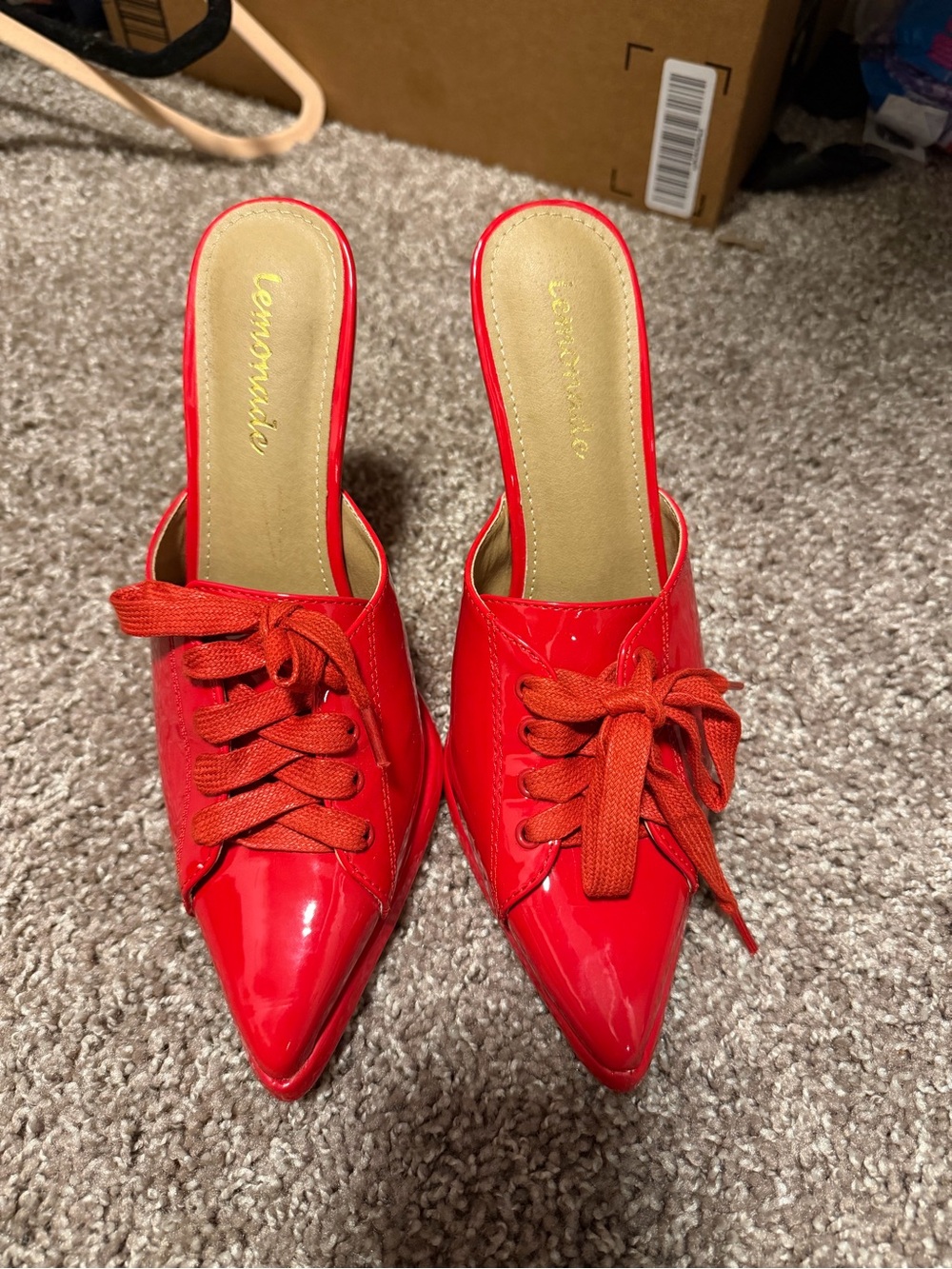 Lemon Bright Red Patent Pointed Lace-Up Mule